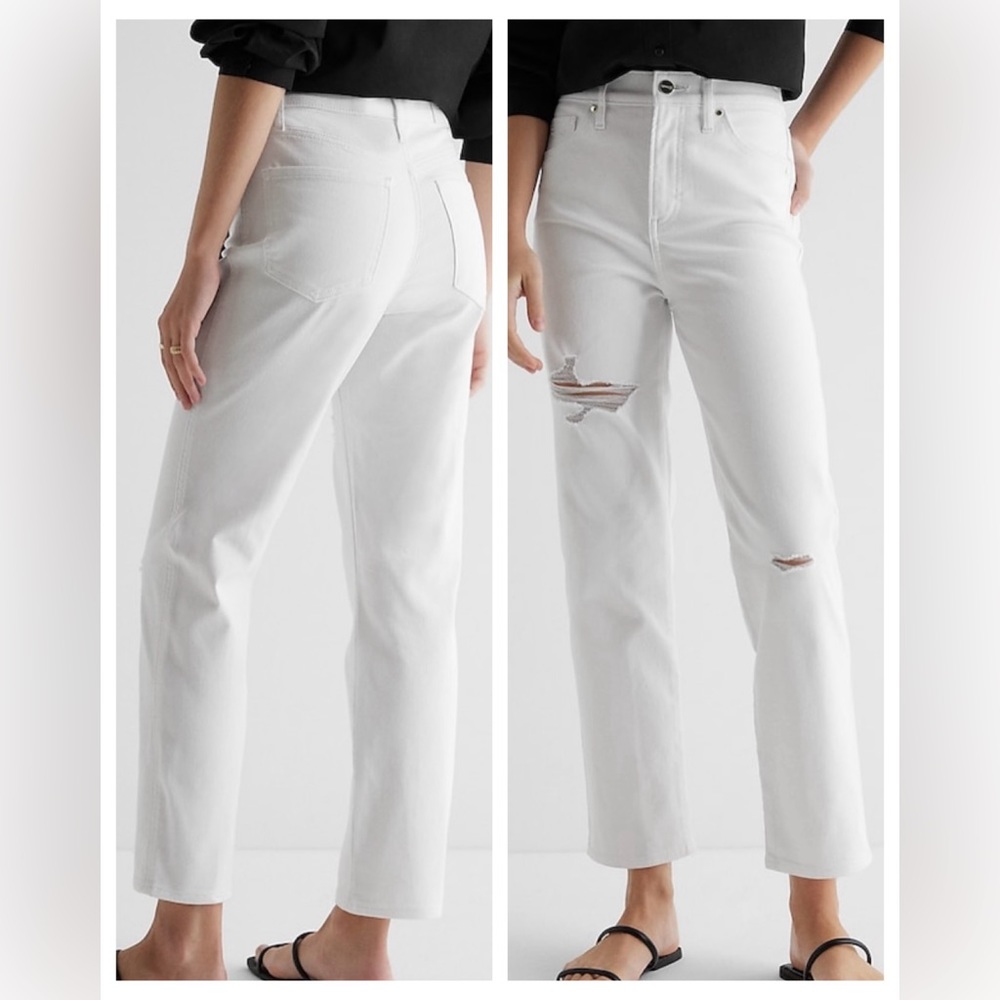 Express High Waisted White Ripped Straight Ankle Jeans SIZE 4S NWT